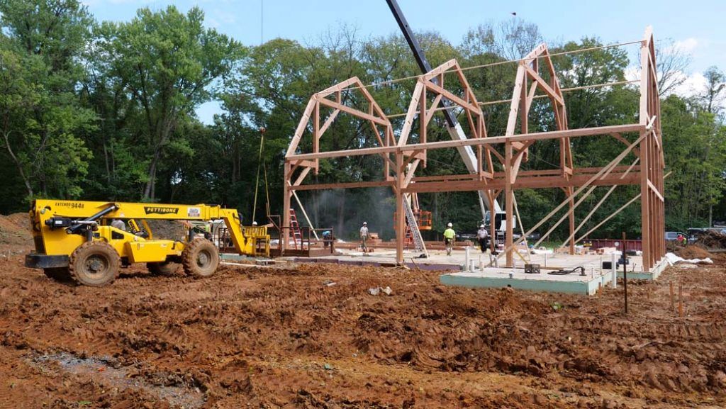 timberframe installation on construction site