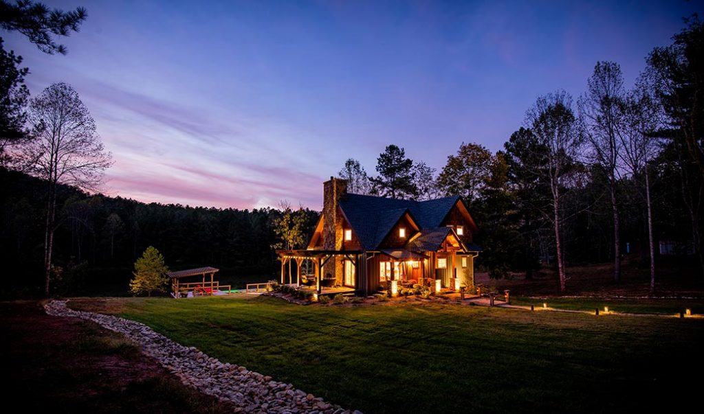 finished exterior at night of SIP cabin