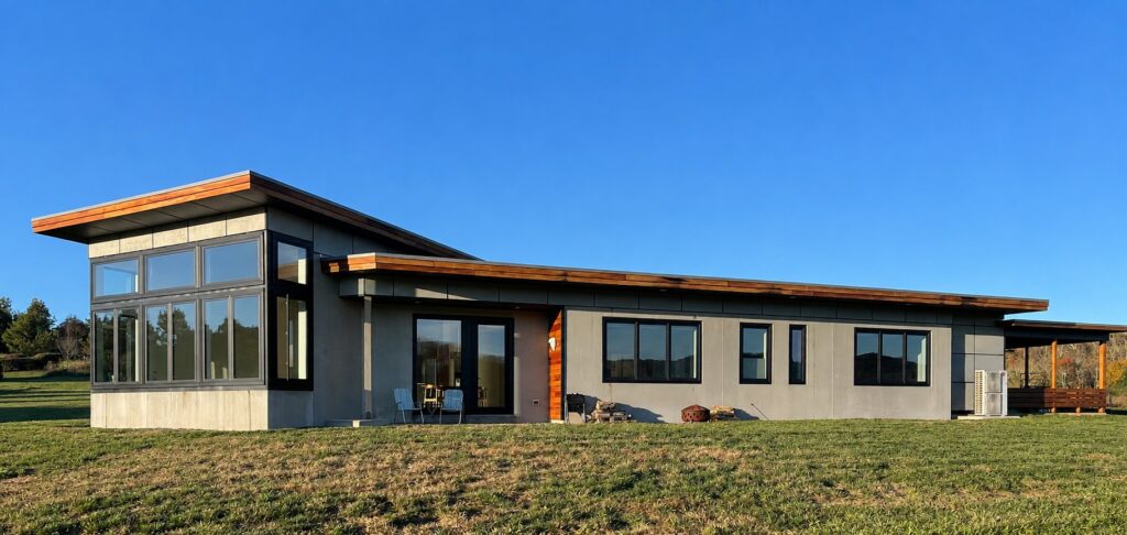 Finished exterior of the Modern Solar Home in Lexington, Virginia, a SIP-built house with a long cedar-trimmed roofline.